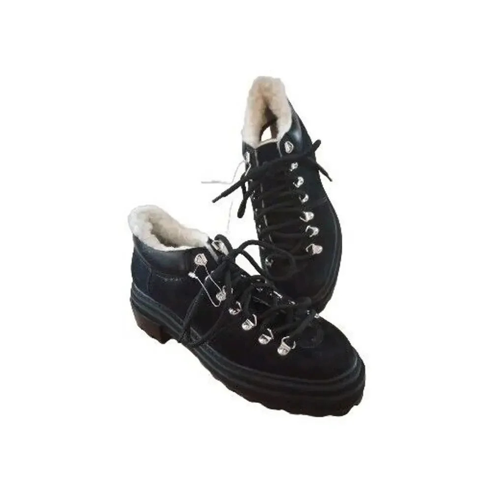 Schutz Lucille Chunky Shoe New Black Suede Sherpa Lined Lace Boots Sz 7.5 Oxford